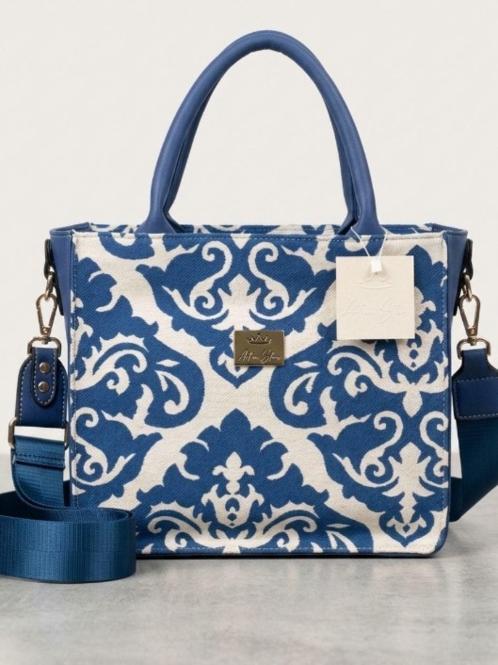 Printed Blue and White Shoulder Tote with Removable Strap